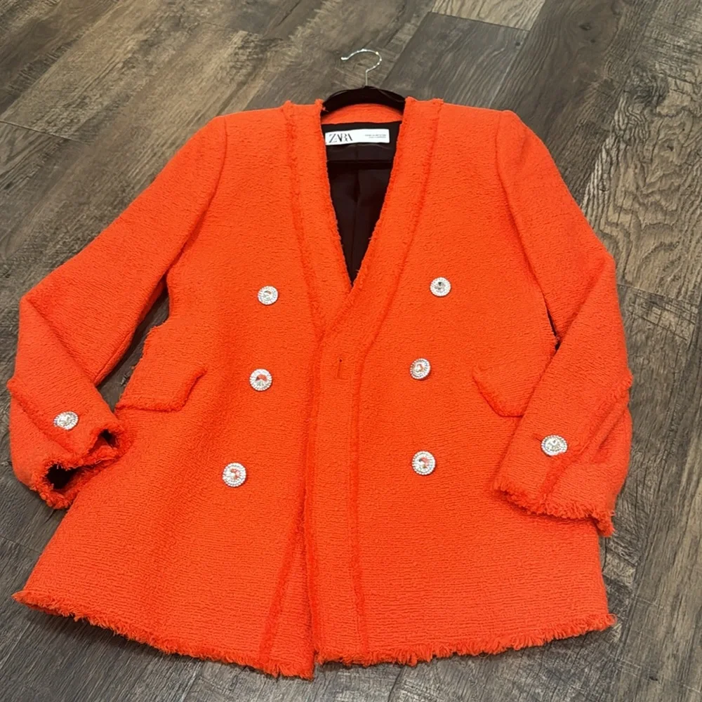 Zara Bright Orange Red Tweed Diamond Button Blazer - Picture 9 of 15